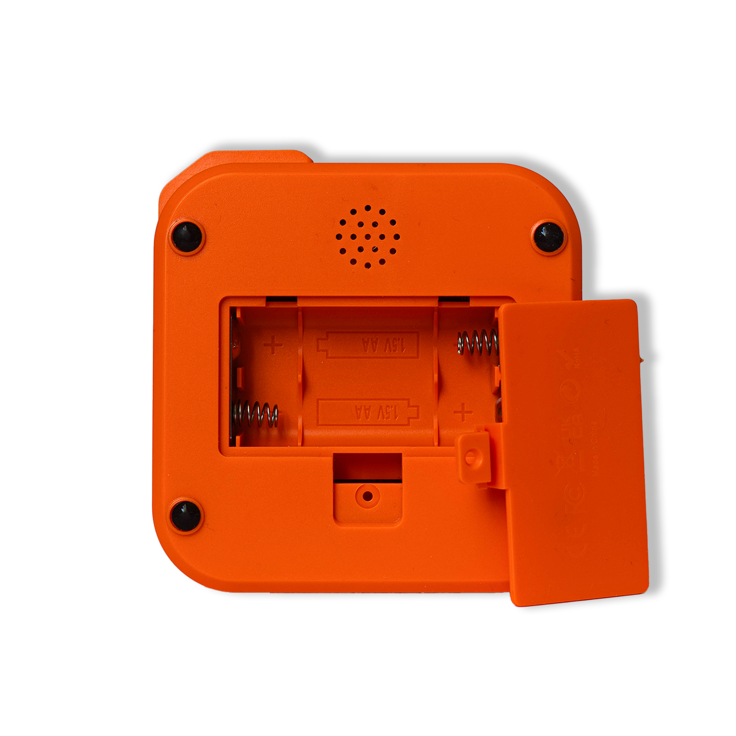 Backside of electronic Tic Tac Toe game showing battery compartment with space for 2 AA batteries