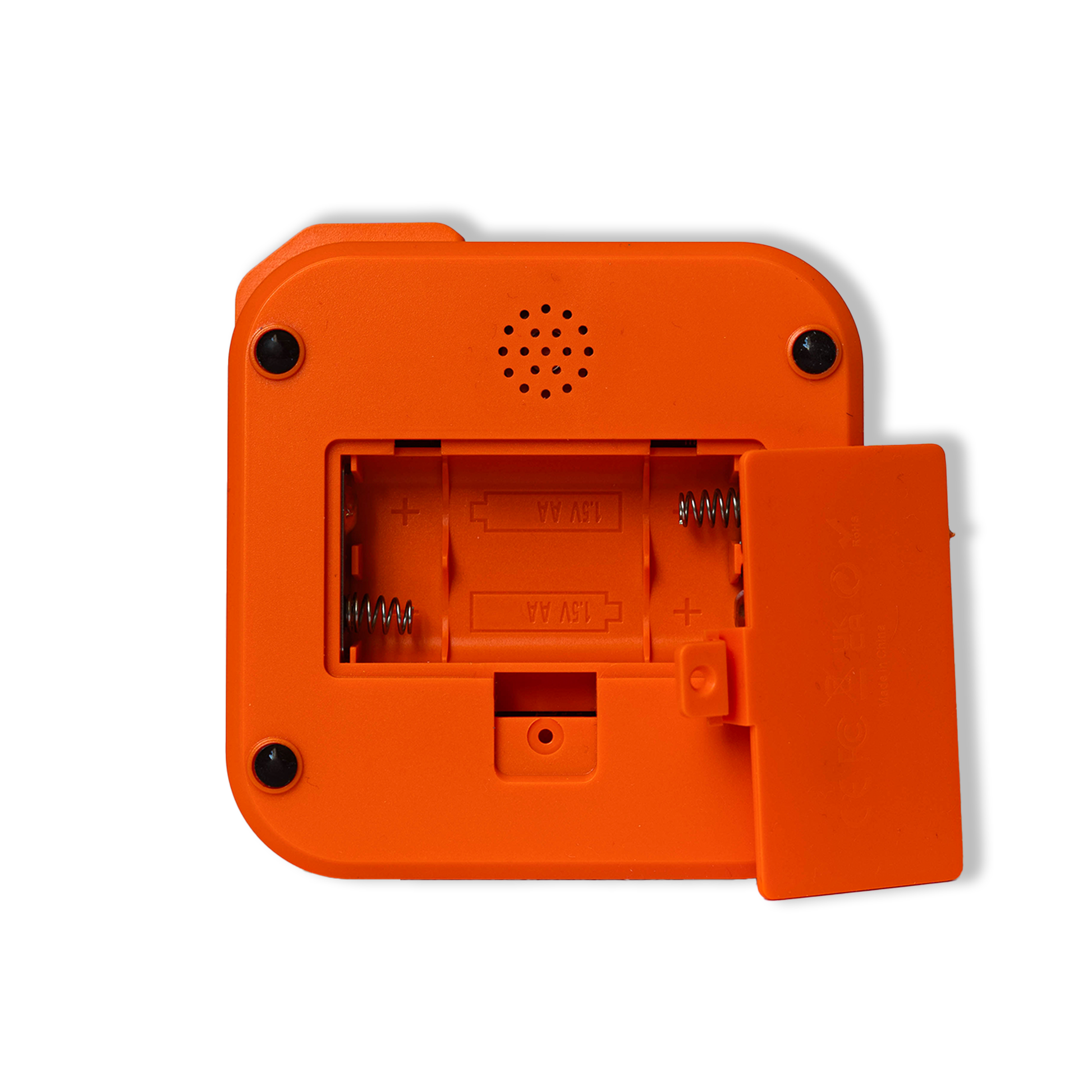 Backside of electronic Tic Tac Toe game showing battery compartment with space for 2 AA batteries