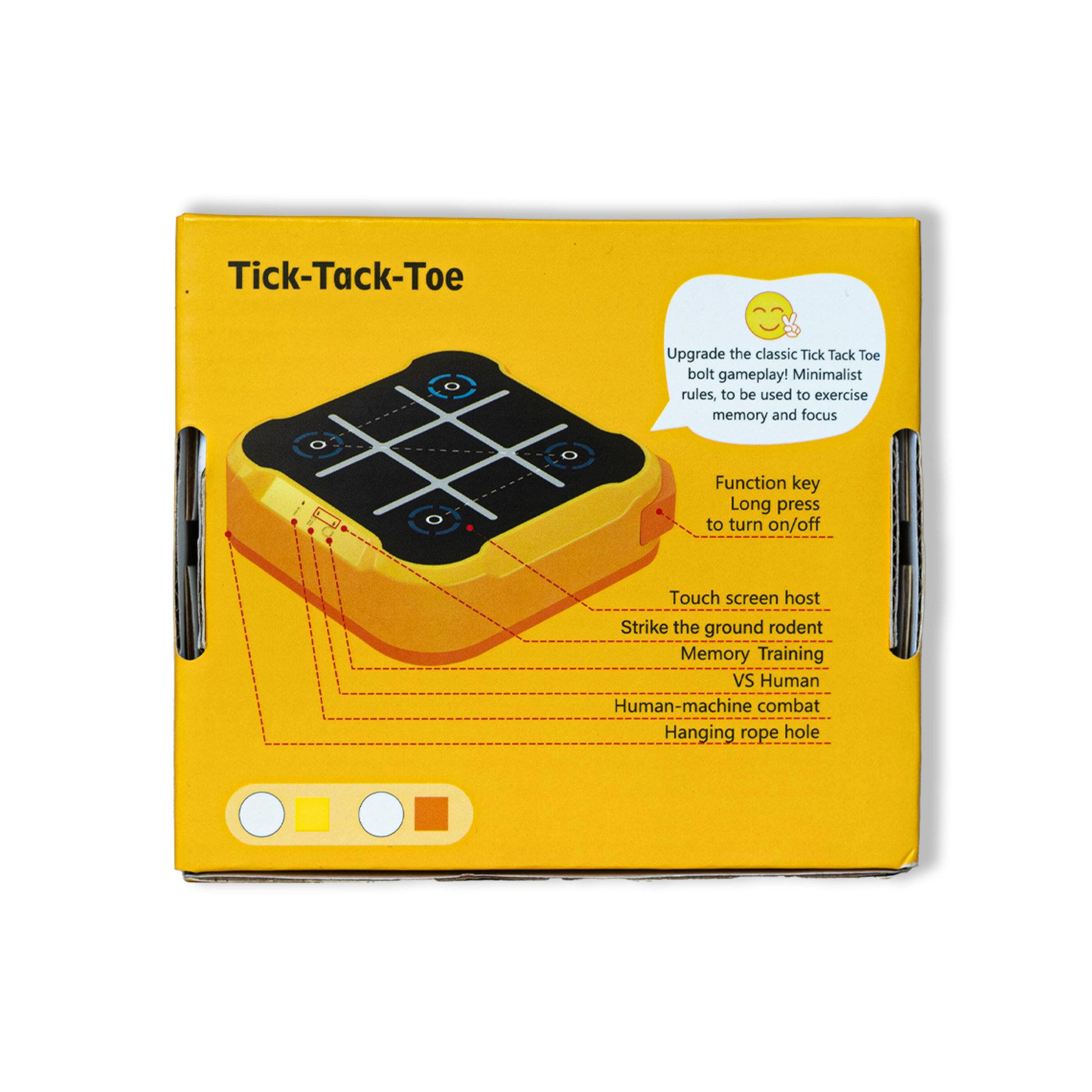 Back of the Tic Tac Toe electronic game box showing product description and features