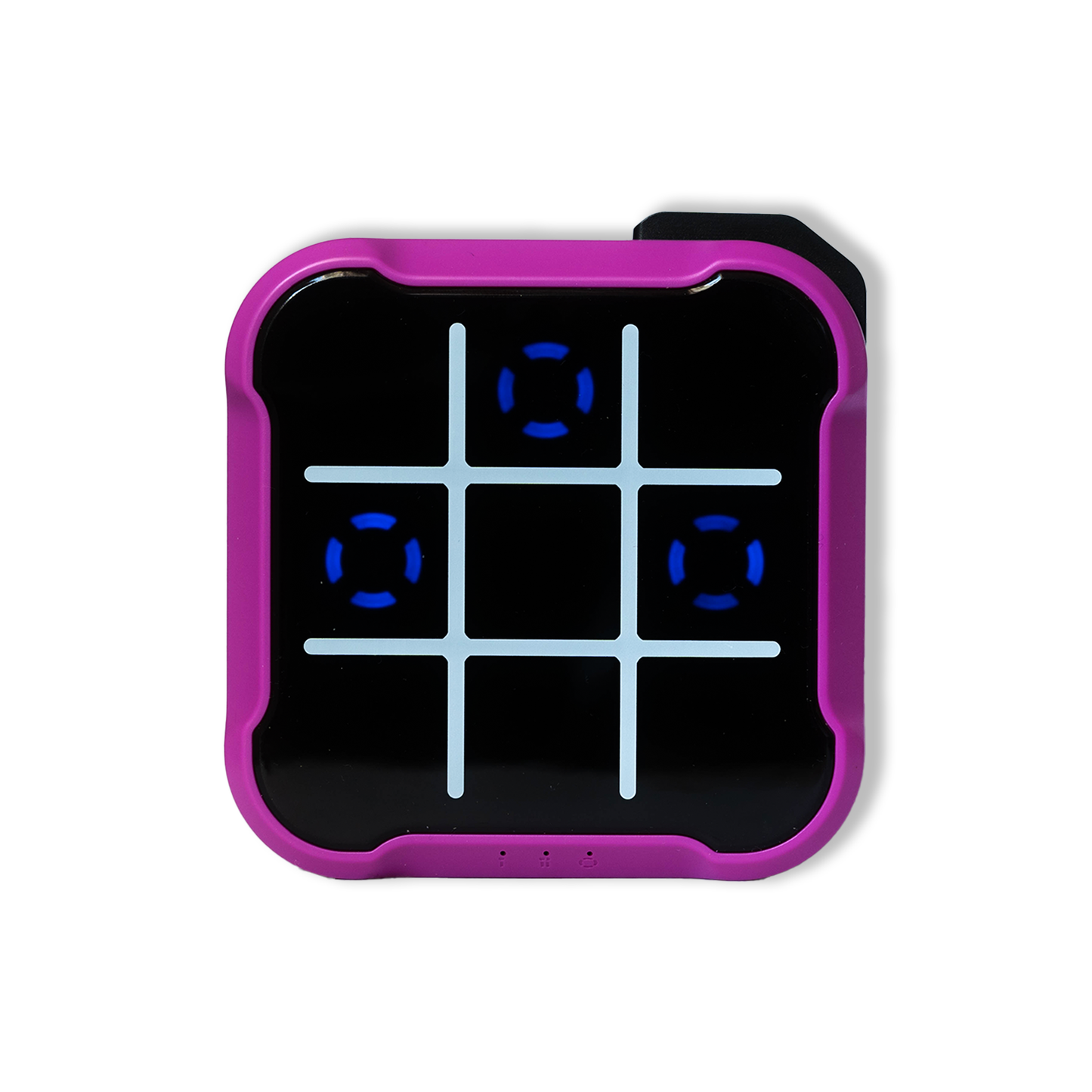 Purple electronic Tic Tac Toe game board powered on with lights glowing