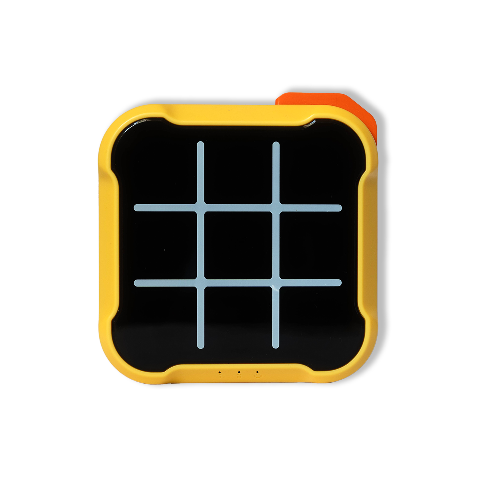 Electronic Tic Tac Toe game board in yellow color, powered off with unlit lights