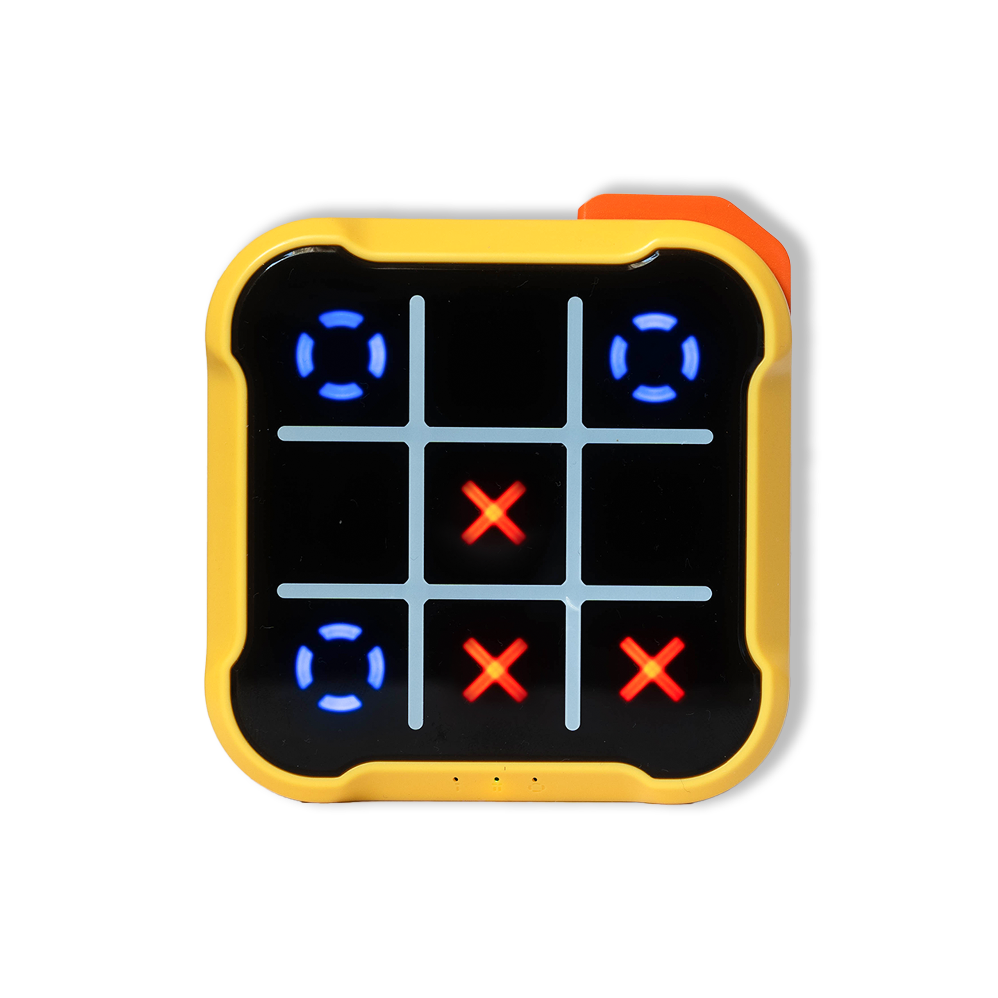 Yellow electronic Tic Tac Toe game board powered on with lights glowing