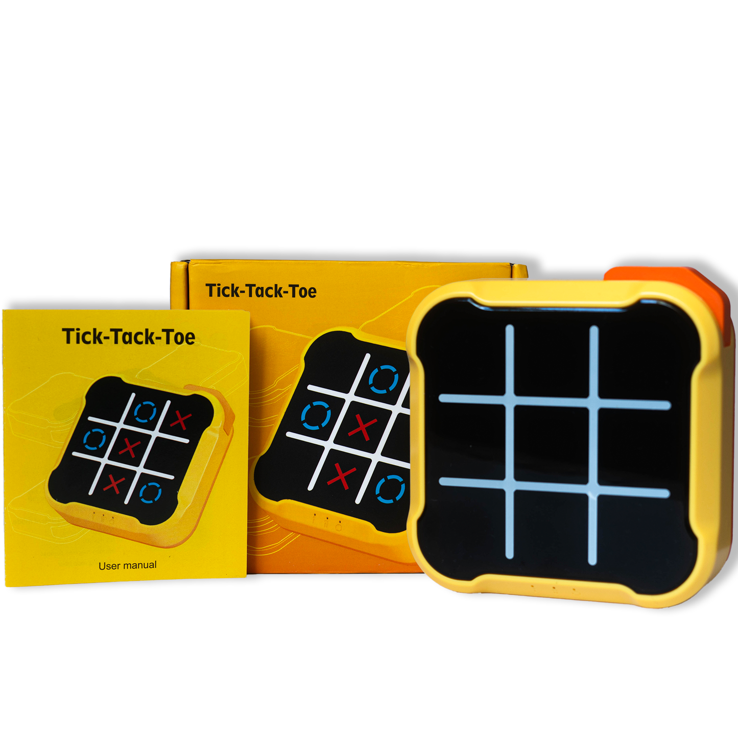 Original yellow electronic Tic Tac Toe game with instruction booklet and packaging box