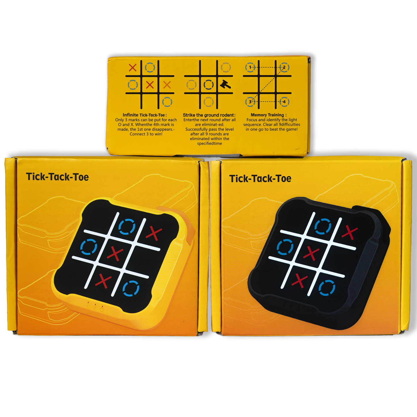 Packaging boxes of electronic Tic Tac Toe game in yellow and black colors side by side, showing 3 game modes included